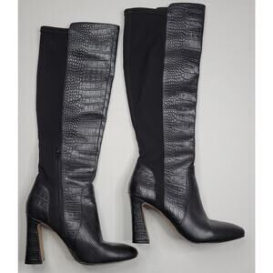 Vince Camuto Black Leather Knee High Faux Croc 3" Heel Tall Boots Size 7M